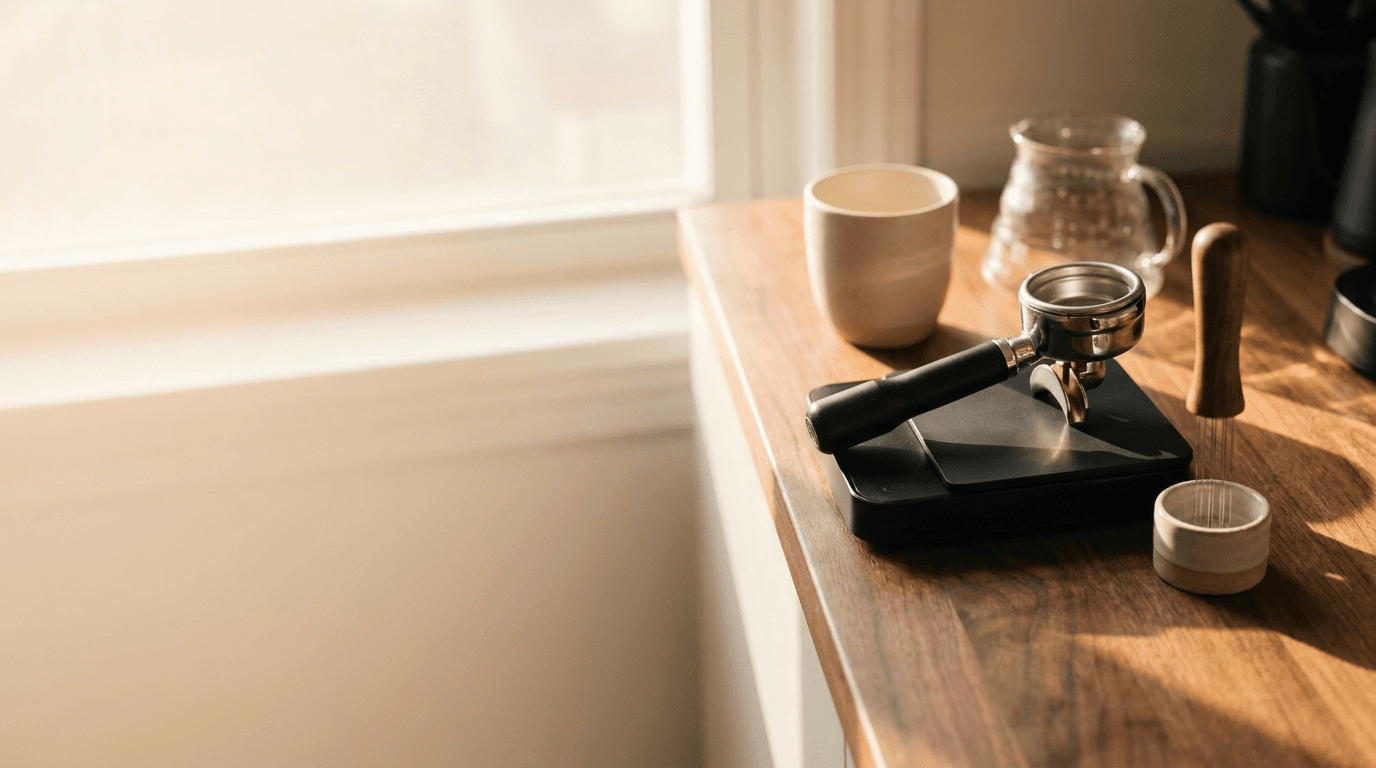 Home espresso setup with portafilter and scale